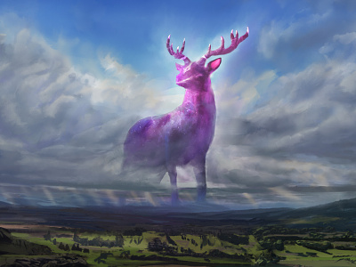 Sentinel of the Oaken Valley celestial creature design deer fantasy landscape sentinel worldbuilding