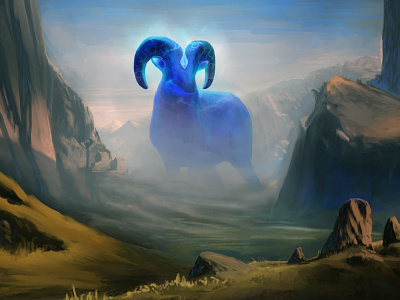 Sentinel of the Kartarjie Stones celestial creature creature design creaturedesign fantasy fantasy art landscape ram worldbuilding