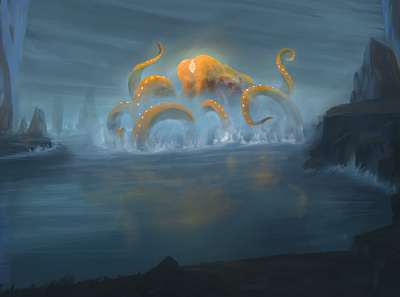 Sentinel of the Lazarian Sea coast creature design fantasy kartar kraken landscape octopus orange painting rocks sea sentinel water worldbuilding yellow