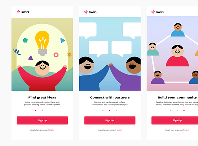 Swirl Mobile Onboarding Screens content creation design figma flow illustration minimal mobile onboarding prototype ui ux vector