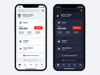 Mobile operator app | UX UI Concept app balance cards dark design finance fintech interface lignt mobile replenish ui ux