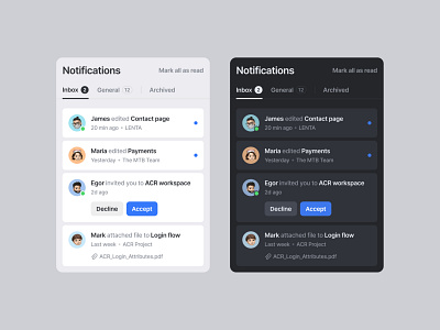 Notifications | Light & Dark cards clean dark design interaction interface light list notifications pop up tabs ui us