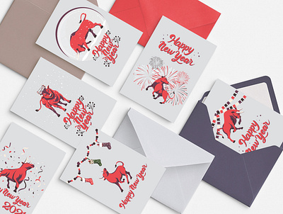 New Year postcards collection art bull celebrate celebration chinese zodiac sign design flat design graphic graphic design happy new year happy new year 2021 holiday holiday cards holiday design illustration illustrator merry christmas modern new year vector