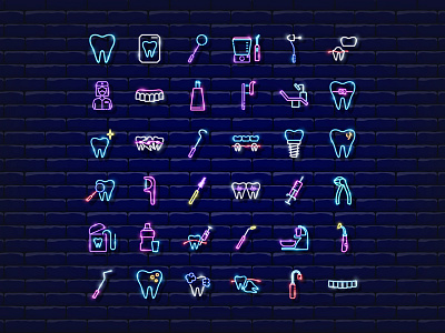 Dentistry neon vector icons set consept dental dentistry design flat icon illustration logo medical neon orthodontic sign