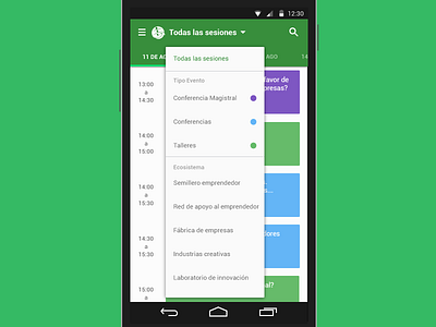Semana del Emprendedor - Schedule android app drop down filter green material design menu mobile schedule ui ux