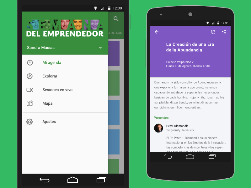 Semana del Emprendedor - Menu / Conference detail android mobile material design schedule menu detail conference navigation drawer green ui ux