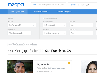 Inzopa redesign blue brokers clean filters mortgage realstate search ui ux web white