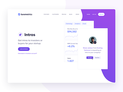 Baremetrics Intros baremetrics intros investors landing page startups ui venture capital