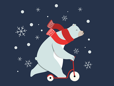 Polar bear on a scooter animal bear christmas design digital illustration flat illustration graphic design illustration polar bear red scarf scooter series bears snow vector winter