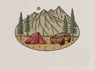 camp fire moutain badge vintage hand drawn design illustration
