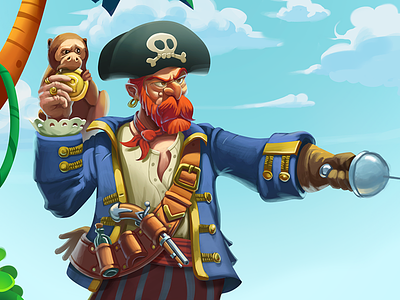 Pirate character gun hat monkey palm pirate sand sea