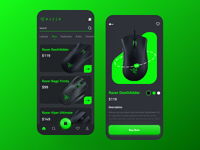 Razer Store App Concept Design app application darkmode design ecommerce free green mice mobile new popular razer store ui unique ux