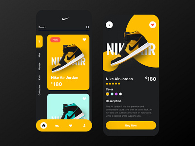Nike App Concept Design app application concept dark design ecommerce figma mobile nike shoes ui unique ux yellow