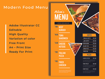 Modern Food Menu For Restaurant branding flyer graphic design logo typography