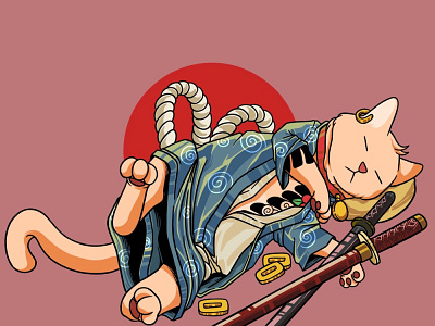 Sleeping cat animals animated gif cats character illustraion japan japanese art kimono samurai yukata