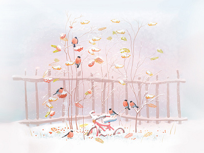 bullfinches childhood growing up illustration nostalgia postcard design winter