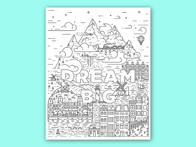 Dream Big bear cloud dream big europe linework monoweight mountain poster train vector water windmill