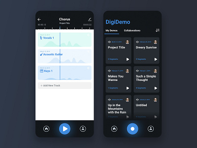 Multi Track app concept dark design mobile music play button record recording simple songs tracks ui