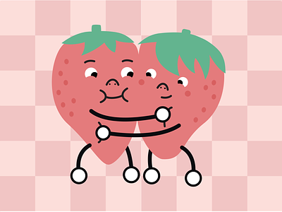 Strawberry friends couple cute editorial illustration friendship fruit fruity happiness happy illustration kawaii love minimal partnership pink strawberries vector