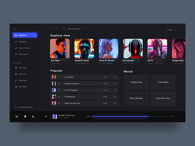 Music Player UI album app apple artist artwork colors dark dark app dark theme glow layout lights minimal music music player play playlist sound ui player visual