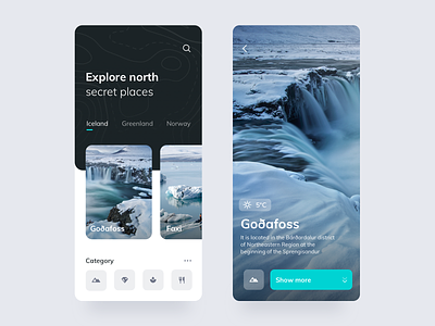 Explore App cards category contrast country discover easing explore app greenland iceland light theme north north face place search simple theme travel app trend waterfall winter