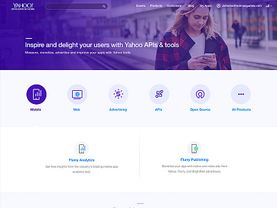 Yahoo Developer Network Portal icons landing page marketing dashboard mobile dev portal website