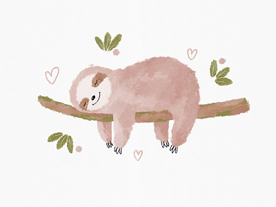 Cute sloth animals art baby animal cozy illustration lazy nature pink sleeping sloth tropical watercolor