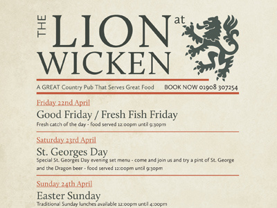 Flyer for our local pub - The Lion at Wicken