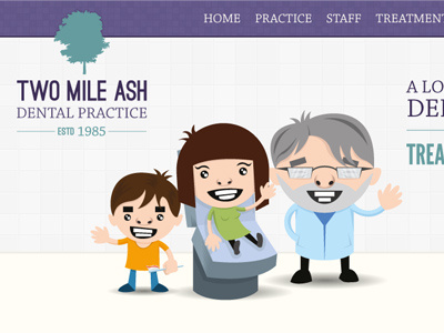 Two Mile Ash Dental Practice - web layout 01 chaparral pro characters dental dentist illustration ostrich sans pattern tree web website