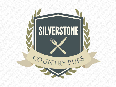 Silverstone Country Pubs logo idea 04b banner country pub fork knife laurel league gothic logo motorsport pub racing ribbon shield silverstone wreath