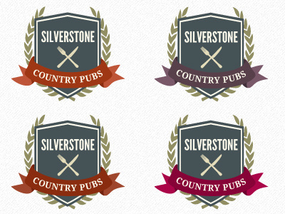 Silverstone Country Pubs logo idea 04 (assorted colours) banner country pub fork knife laurel league gothic logo motorsport pub racing ribbon shield silverstone wreath