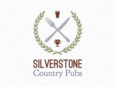 Silverstone Country Pubs logo idea 05a ale beer country pub fork knife laurel logo motorsport pint pub racing shield silverstone trophy wreath