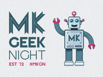 MK Geek Night - final logo (side-by-side version) 2012 branding ephesus event geek logo lost type losttype meetup milton keynes mk mk geek night ribbon robot toy typography