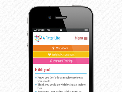 A Fitter Life - website design (mobile view) concept fitness icon iconography iphone mobile personal training responsive responsive web design web website workshops