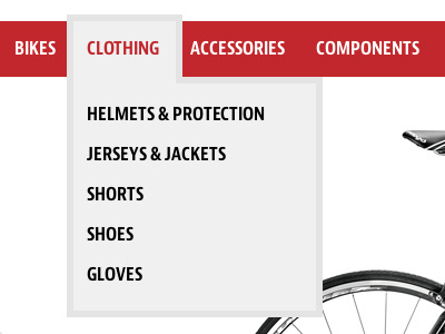 Solstice Cycles Navigation Drop-Down - large screen bike cycles drop down ecommerce menu nav navigation red responsive shop solstice website