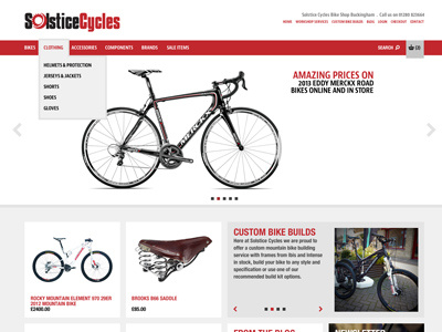 Solstice Cycles Homepage - large screen bike carousel cycles drop down ecommerce feature home homepage nav navigation products red responsive shop slider solstice website