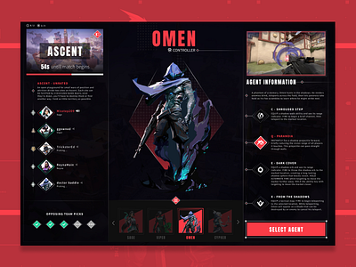 Valorant - Agent Selection Redesign app design esports gaming interface product design ui ux uxdesign valorant