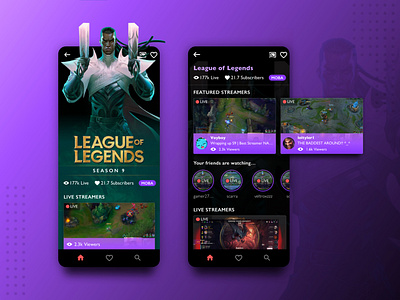 Streaming App app dark theme dark ui design esports game gaming illustration league of legends moba mobile product design riot games streamers streaming twitch ui ux
