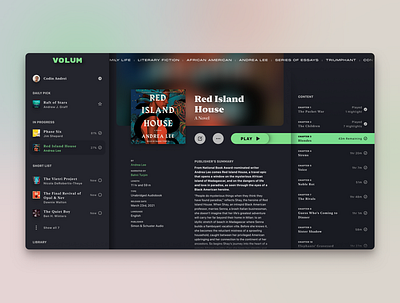 Audiobook Details audiobook author book chapters dark theme detail page library volum
