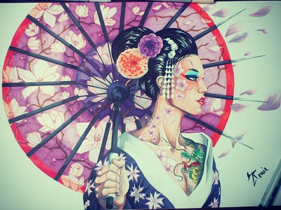 Geisha chris bontas copic drawing flowers geisha illustration japan tatoo umbrella