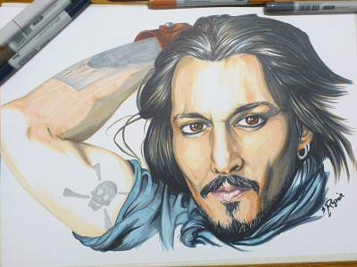 Johnny Depp caribbean colours copic drawing illustration movie pirates sea