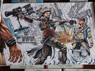 The Pirates' Fight canon copic drawing fight illustration pirates skull smoke