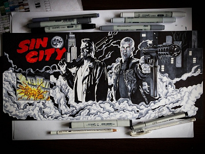 Sin City pt. 1 black blackbook city copicmarkers drawing dwight guns illustration marv pencil sincity smoke