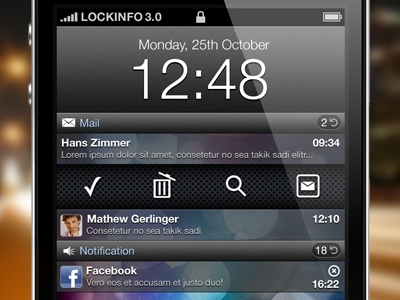 LockInfo 3.0 - Mail Options app black delete dotted ios iphone menu option panel preview read trash ui user interface ux
