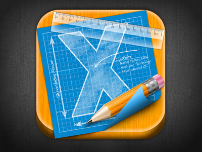 OSX Developer Board App Icon Draft #2 ios osx developer board app icon ruler pencil blueprint wood iphone blue yellow orange transparency plastic glass white