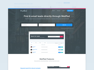 MailPad Landing Page email generation find customers gradient ui home interface home page home ui homepage landing interface