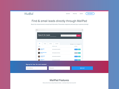 MailPad Landing Page | Version 2 email generation find customers gradient ui home interface home ui landing interface minimalism white home white interface