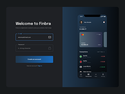 Fintech Design - Digital Bank 001 bank darkmode design digital bank fintech homepage mobile design online bank register page signup ui uideisgn uidesign uxdesign webdesign