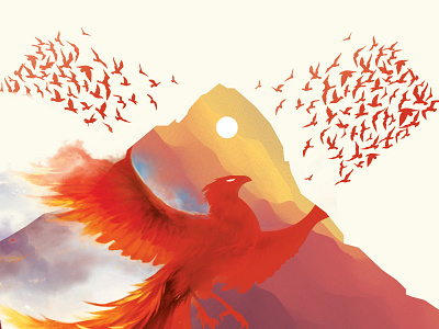 Phoenix bird color cool design fly illustration mountain phoenix photoshop