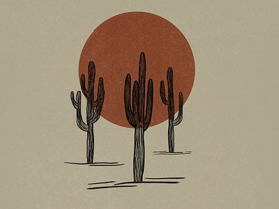 Saguaros and Red Sun Illustration